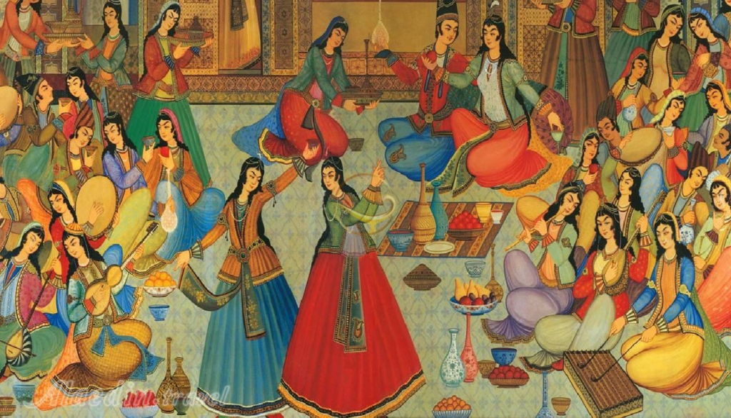 A Persian miniature painting depicting the celebration of spring.